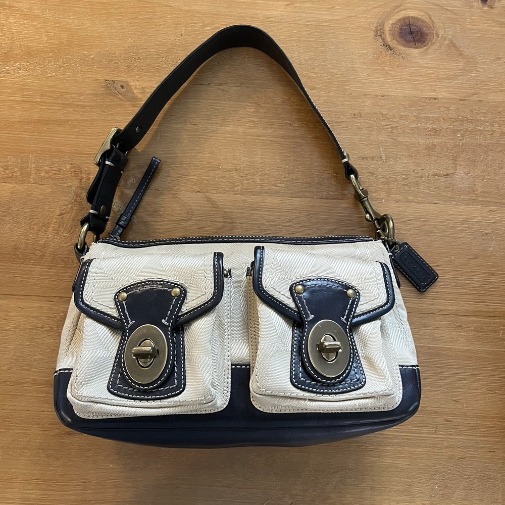 Y2K Coach 65th Legacy Double Turnlock Shoulder Bag F13102 Cream Black Brass